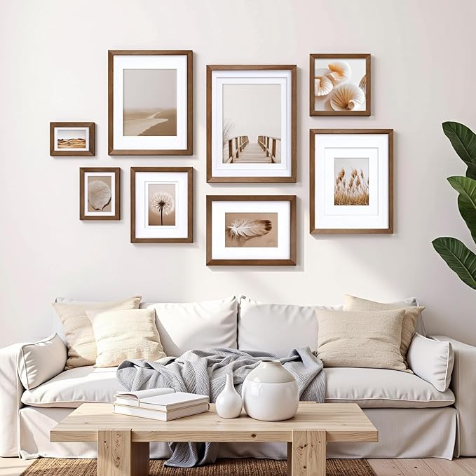 Egofine 8x8 Picture Frame Made of Solid Wood with Plexiglass, Display Pictures 4x4/6x6 with Mat or 8x8 Without Mat Set of 4 for Tabletop and Wall Mounting, Walnut Brown