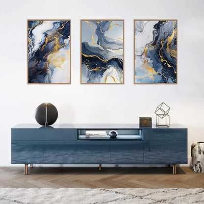Navy Blue and Gold Framed Canvas Wall Art Set,Mid-Century Modern Abstract Wall Decor,Navy Blue Ink Wash Painting,Neutral Art Print for Living Room,Bedroom,Dining Room,Office-16 x24 x3