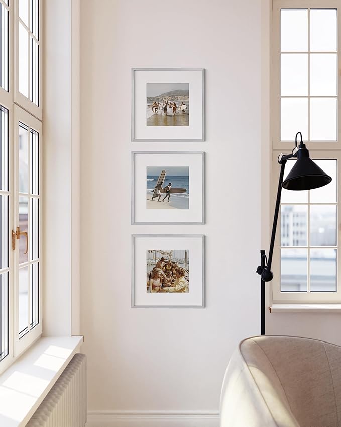 HAUS AND HUES 12x12 Silver Metal Picture Frames Matted to 8x8 - Features Premium Aluminum & Hanging Hardware, Shatterproof Plexiglass - Ideal for Home, Room, Office (12x12 in, Silver, Set of 3)