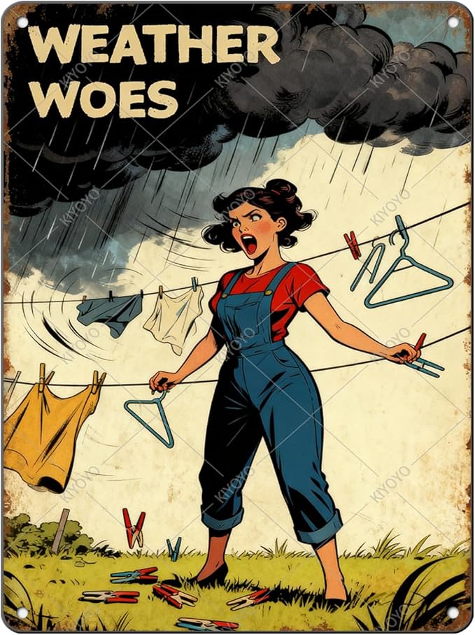 Weather Woes Laundry Tin Sign Vintage Metal Plaque Funny Sarcastic Retro Housewife Design Laundry Room Wall Art Kitchen Home Decor Rustic Farmhouse Gift 16x12 Inch