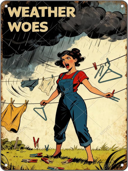 Weather Woes Laundry Tin Sign Vintage Metal Plaque Funny Sarcastic Retro Housewife Design Laundry Room Wall Art Kitchen Home Decor Rustic Farmhouse Gift 16x12 Inch