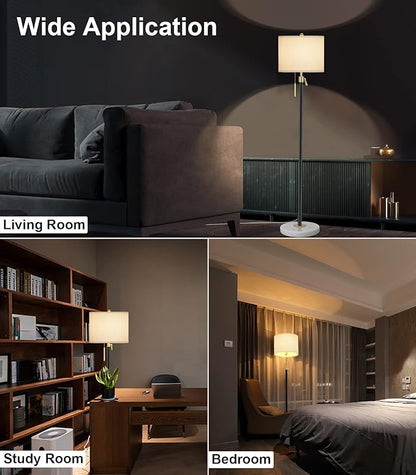 Qingmiao Floor Lamp for Living Room Adjustable Tall Standing Lamp, 3-Way Dimmable Floor Lamp for Bedroom Office, Black Gold Lamp with Marble Base and White Linen Shade