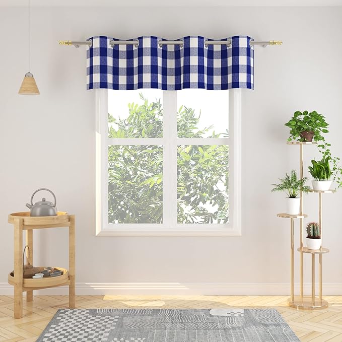 3 Pc Cotton Classic Country Farmhouse Kitchen Window Curtain Grommet Top -Navy Blue & White Buffalo Check Tier & Valance Set, 54" x 18" / 32" x 30"