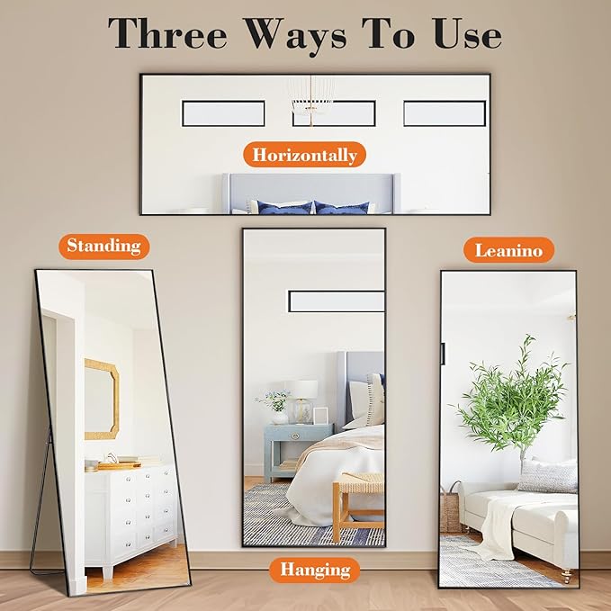 Mirror Full Length, Upgraded 21"x64" Body Wall Mirrors with Shatter-Proof Glass, Floor Standing, Hanging or Leaning, Tall Mirror with Stand Aluminum Alloy Frame for Bedroom, Black