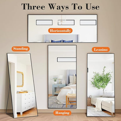 Mirror Full Length, Upgraded 21"x64" Body Wall Mirrors with Shatter-Proof Glass, Floor Standing, Hanging or Leaning, Tall Mirror with Stand Aluminum Alloy Frame for Bedroom, Black