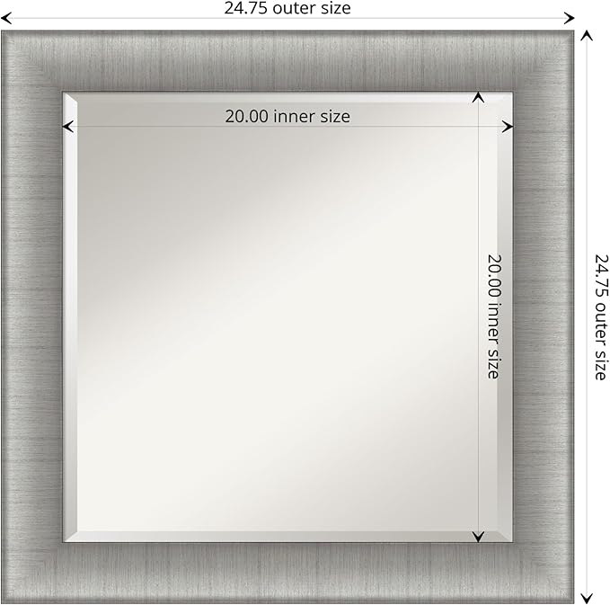 Amanti Art Silver Bathroom Mirror for Over Sink, 25x25 Elegant Brushed Pewter Square Vanity Mirror, Medium Casual Frame, Hangs Horizonally and Vertically, Bathroom Wall Decor, Beveled Edge