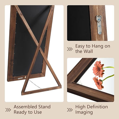 Rustic Floor Full Length Mirror Wood Frame, 56"X21" Farmhouse Free Standing Mirror for Bedroom Living Room Entryway, Hanging or Leaning Wall-Mounted, Tempered Glass, Brown