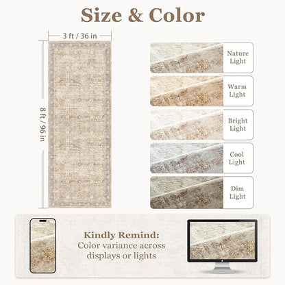 Earth Tone 3x8 Hallway Runner Rug, Kitchen Runners Non Skid Washable 8 ft, Washable Non Slip Ultra Thin Carpet Runner for Entryway Corridor Mudroom Bathroom, Vintage Farmhouse Beige Taupe