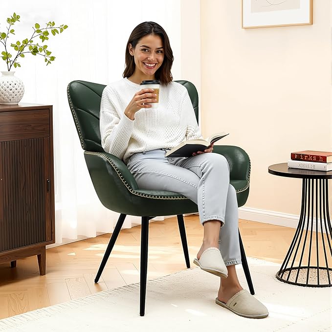 MALOL Modern Mid-Century Faux Leather Accent Chair, Upholstered Armchair with Curved Backrest, Sturdy Metal Base, Living Room, Bedroom & Reading Nook,Green