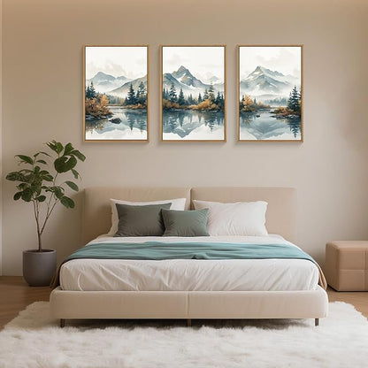 HLNIUC Large White Mountain Wall Art Framed, Snowy Green Forest Decor Set of 3 (16"x24"), Watercolor Winter Misty Nature Prints, Foggy Lake Landscape Canvas Painting for Living Room, Bedroom, Office