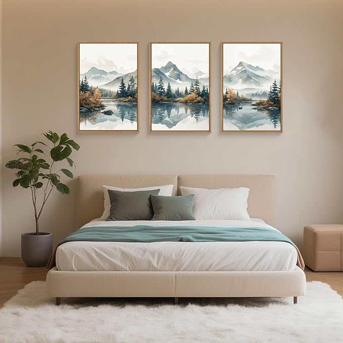 HLNIUC Large White Mountain Wall Art Framed, Snowy Green Forest Decor Set of 3 (24"x36"), Watercolor Winter Misty Nature Prints, Foggy Lake Landscape Canvas Painting for Living Room, Bedroom, Office