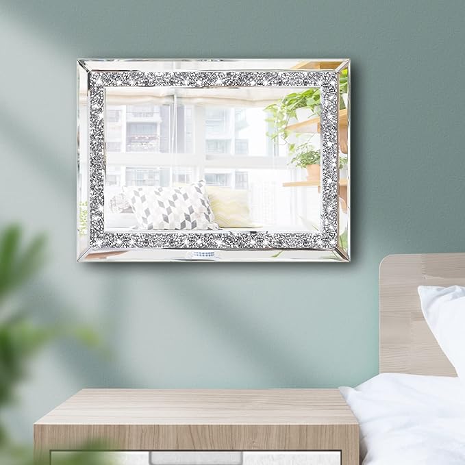 ZOLAPI 2PCS Crystal Rhinestone Diamond Wall Mirror.Brilliant Hand-Spliced Glass Mirror.Accent Decorative Mirror for Hallway/Bathroom/Bedroom（11”x15”）