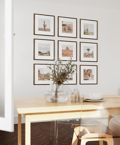 HAUS AND HUES Walnut Oak Wood 12x12 Picture Frames - Set of 9, Square Frames with Mat, Modern Frames for Posters and Photos (12x12 in, Walnut, Set of 9)