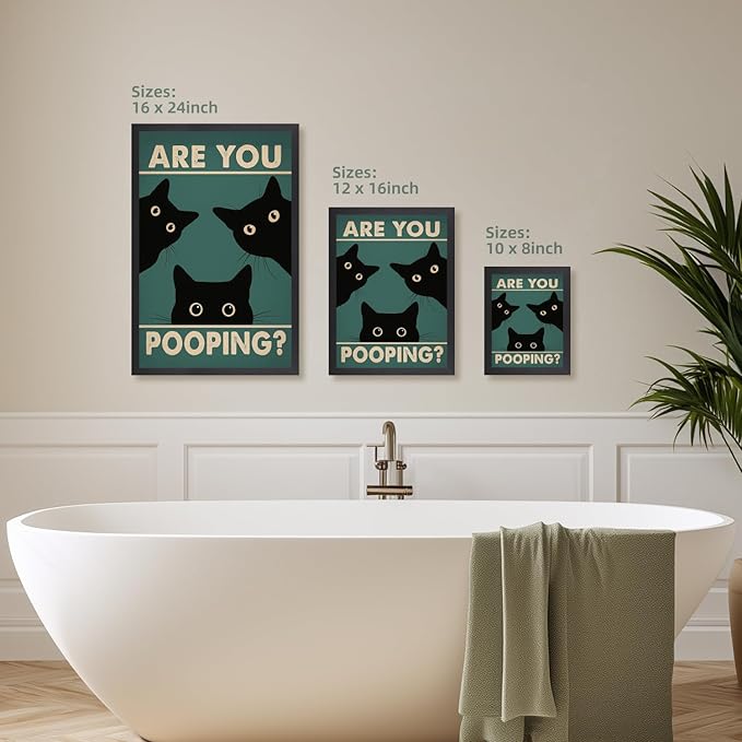 Cyebmo Funny Black Cat Bathroom Wall Art, Whimsical Toilet Humor Wall Decor, “Are You Pooping?” Cat Art Print, Three cats Poster Print for Restroom BathRoom Wood Framed Ready to Hang 12x16 Inch