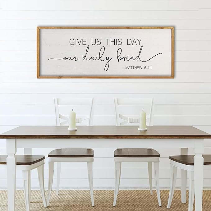 comurdyo Dining Room Wall Decor Give Us This Day Our Daily Bread Sign 32"x12" Religious Catholic Praye Matthew 6:11 Bible Verse Quotes Plaque Modern Simple Kitchen Dining Room Wall Hanging (Wood)