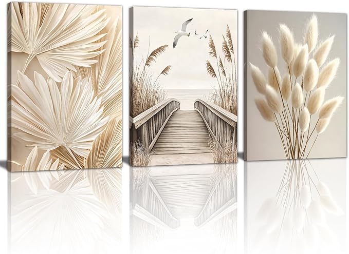 3 Pcs Beige Reeds Botanical Framed Canvas Wall Art Neutral Palm Fronds Wall Paintings Quiet Beach Landscapes Art Prints Picture Home Decor for Bedroom Living Room Office Reay to Hang 20"x28"x3Pcs