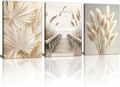 3 Pcs Beige Reeds Botanical Framed Canvas Wall Art Neutral Palm Fronds Wall Paintings Quiet Beach Landscapes Art Prints Picture Home Decor for Bedroom Living Room Office Reay to Hang 20"x28"x3Pcs