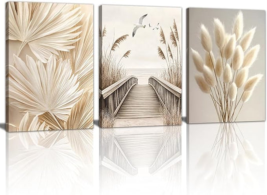 3 Pcs Beige Reeds Botanical Framed Canvas Wall Art Neutral Palm Fronds Wall Paintings Quiet Beach Landscapes Art Prints Picture Home Decor for Bedroom Living Room Office Reay to Hang 20"x28"x3Pcs
