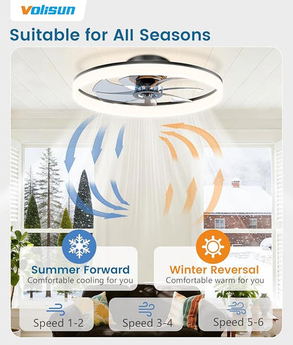 VOLISUN Low Profile Ceiling Fans with Lights and Remote, 24in Fandelier Ceiling Fan Flush Mount, 3000K-6500K Smart Bladeless LED Fan Light, Black Modern Ceiling Fans with Lights for Bedroom