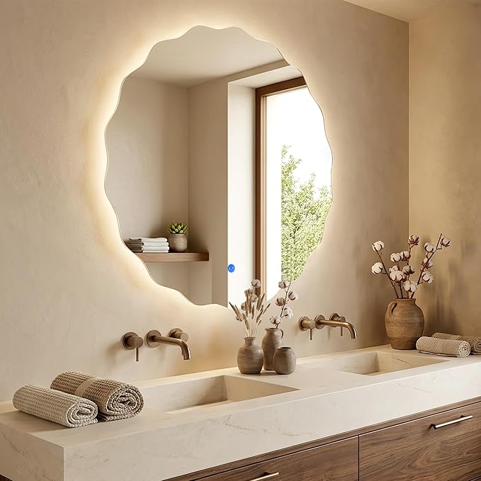 Dorlicecass Round Led Bathroom Mirror- 32" Wavy Vanity Mirror with Lights IP54 Enhanced Anti-Fog,Single Piece 3 Colors Dimmable, Memory,Tempered Glass,UL Listed