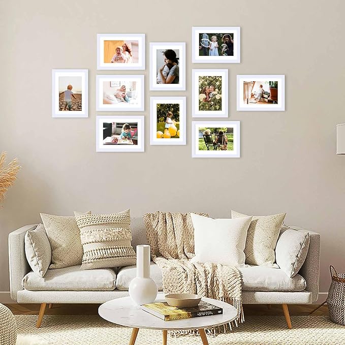 JCJMY 10 Packs 5x7 Picture Frame Bulk, Display 4x6 with Mat or 5x7 Without Mat, White Gallery Frame Set, 5 by 7 Frames Bulk Set of 10, Collage Wall Decor Photo Frame Set for Wall and Tabletop, White