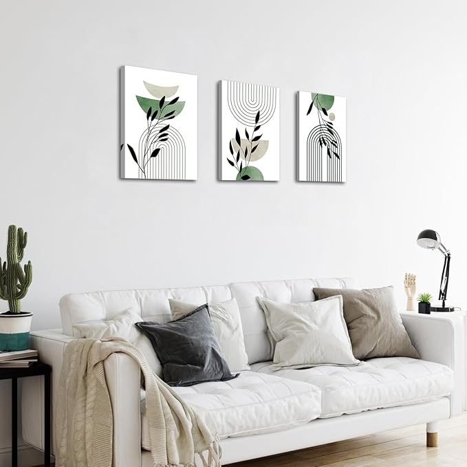 WENGTIAO 3Pcs Boho Sage Green Canvas Wall Art MInimalist Geometric Line Leaf Pictures Prints Paintings Abstract Mid Century Botanical Green Plant Artwork for Living Room Bedroom Bathroom 12x16x3