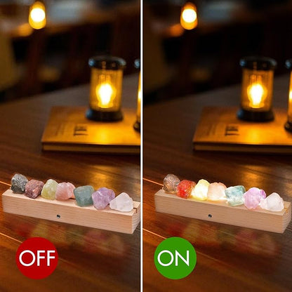 Healing Crystal Night Light, 7 Chakra Natural Bedside Lamp with Wooden LED Light Base, Healing Stones Positive Energy Night Lights for Home Decor Gifts (Rechargeable)