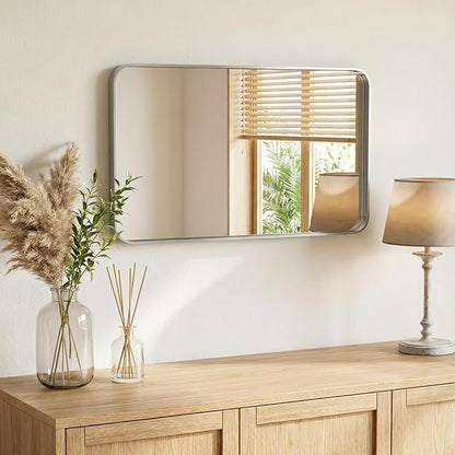 NEWBULIG 24X36 Inch Bathroom Mirror for Over Sink, Wall Vanity Mirrors Tempered Glass, Anti-Rust Metal Framed Rounded Rectangle, Hangs Horizontally or Vertically, Farmhouse Home Decor, Silvery