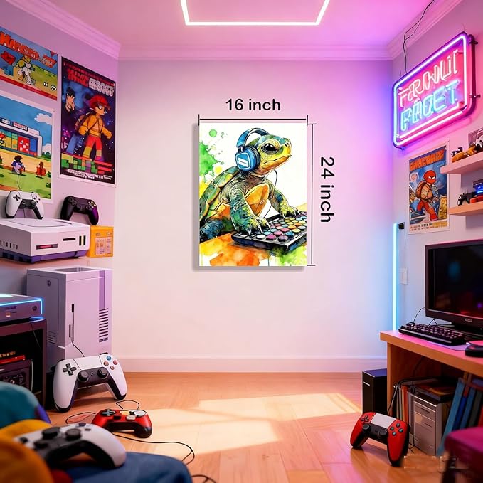 Graffiti DJ Sea Turtle Canvas Wall Art Modern Funny Print 16x24 inch Green Tortoise with Headphones Teen Boy Gaming Room Cool Framed Animal Decor Kids Bedroom Gift Decor Men Office Home Poster