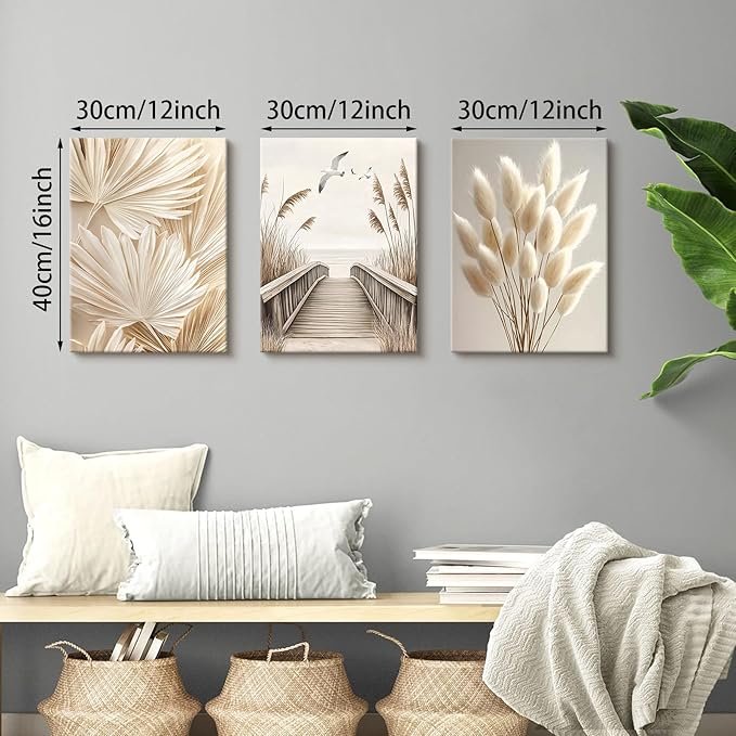 3 Pcs Beige Reeds Botanical Framed Canvas Wall Art Neutral Palm Fronds Wall Paintings Quiet Beach Landscapes Art Prints Picture Home Decor for Bedroom Living Room Office Reay to Hang 12"x16"x3Pcs