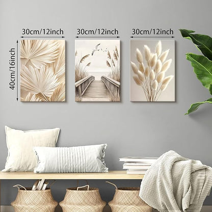 3 Pcs Beige Reeds Botanical Framed Canvas Wall Art Neutral Palm Fronds Wall Paintings Quiet Beach Landscapes Art Prints Picture Home Decor for Bedroom Living Room Office Reay to Hang 12"x16"x3Pcs