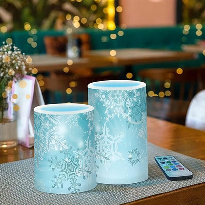 Christmas Lights Decorations Flameless Candles Silver Winter Teal Turquoise Snowflakes Christmas Pillar Candles Set of 2 Battery Operated Remote Control Warm Lights