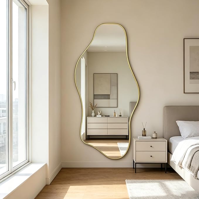 Irregular Wall Mirror, 63"x30" Large Asymmetrical Aesthetic Mirror, Gold Modern Organic Shape Frameless Mirrors for Living Room Bedroom Hallway Entryway, Horizontal or Vertical Hanging