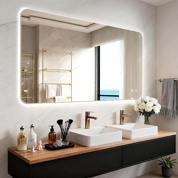 EOGOW LED Bathroom Mirror with Lights,48"x36" Backlit LED Mirror for Bathrooms with Anti-Fog,Dimmable,3 Colors Bathroom Mirror, Wall Mounted Horizontal/Vertical Vanity Mirrors,Tempered Glass