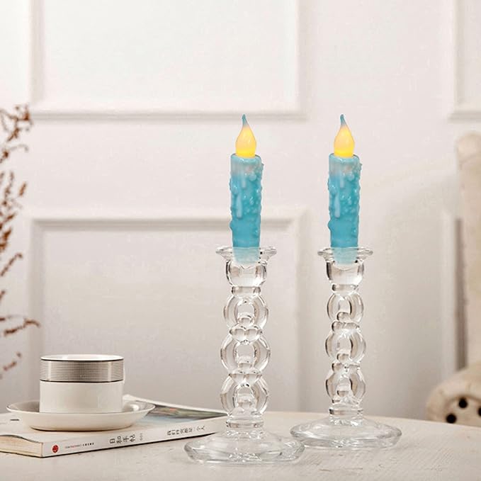 CVHOMEDECO. Real Wax Hand Dipped Battery Operated LED Timer Taper Candles Rustic Primitive Flameless Lights Decor, 4-3/4 Inch, Teal, 2 PCS in a Package