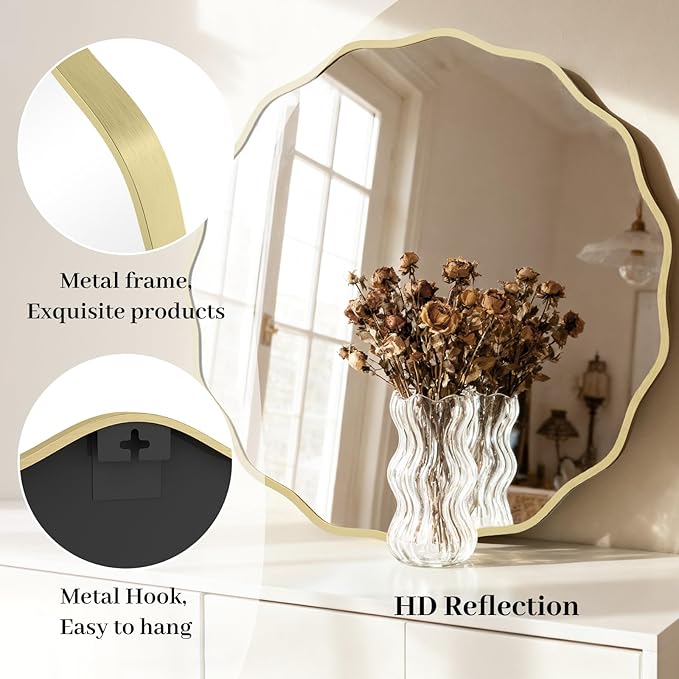 HOMECOOKIN 32" Wavy Round Wall Mirror, Gold Scalloped Circle Mirror Edge Round with Metal Frame, Modern Decorative Hanging/Leaning Mirrors for Bathroom, Hotels, Hallway, Entryway, Vanity, Office