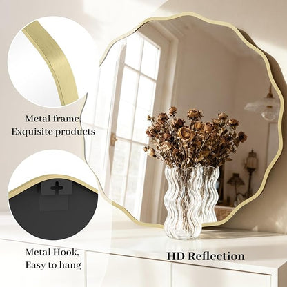 HOMECOOKIN 32" Wavy Round Wall Mirror, Gold Scalloped Circle Mirror Edge Round with Metal Frame, Modern Decorative Hanging/Leaning Mirrors for Bathroom, Hotels, Hallway, Entryway, Vanity, Office