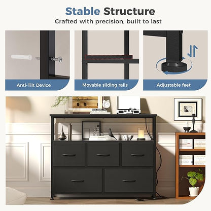 DUMOS TV Stand, Dresser with 5 Fabric Storage Drawers, Media Console Featuring Open Shelf, Fabric Storage Cabinet with Charging Station, Compact Entertainment Unit for Bedroom, Living Room, Black