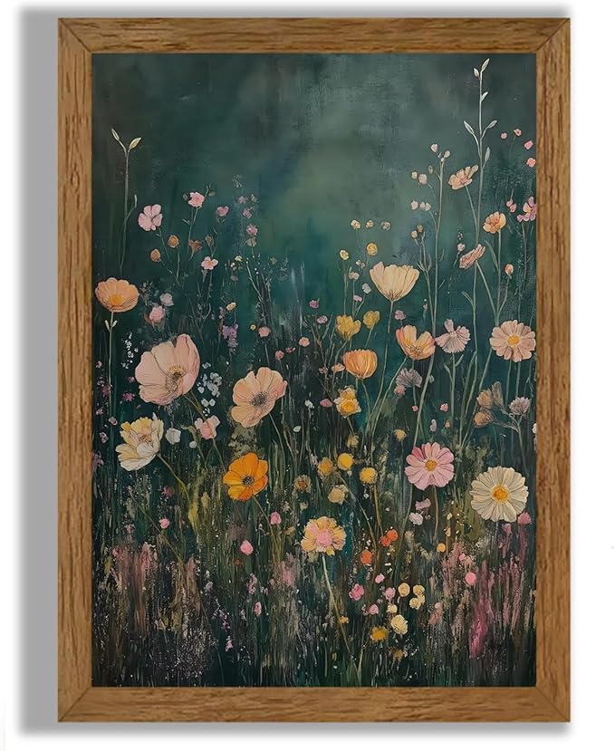 JLTULT Framed Vintage Pink Tone Floral Canvas Wall Art, Farmhouse Flower Landscape Pictures Wall Decor, Botanical Wildflower Field Art Print for Bedroom Living Room Bathroom Home Decoration 16x24 in