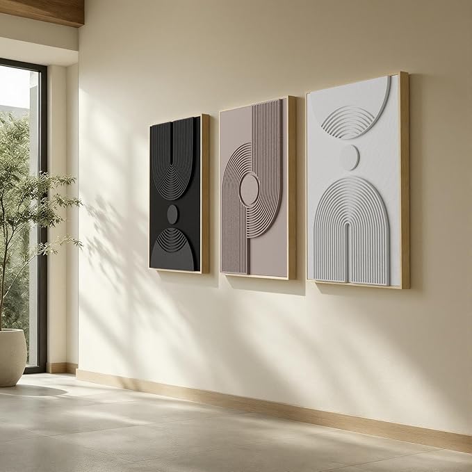 Thalasse Large 3D Textured Framed Neutral Abstract Wall Art for Living Room, 3 Piece Modern Minimalist Artwork for Walls, Black White Beige Geometric Arches Pictures for Entryway Office Decor 24x36 In