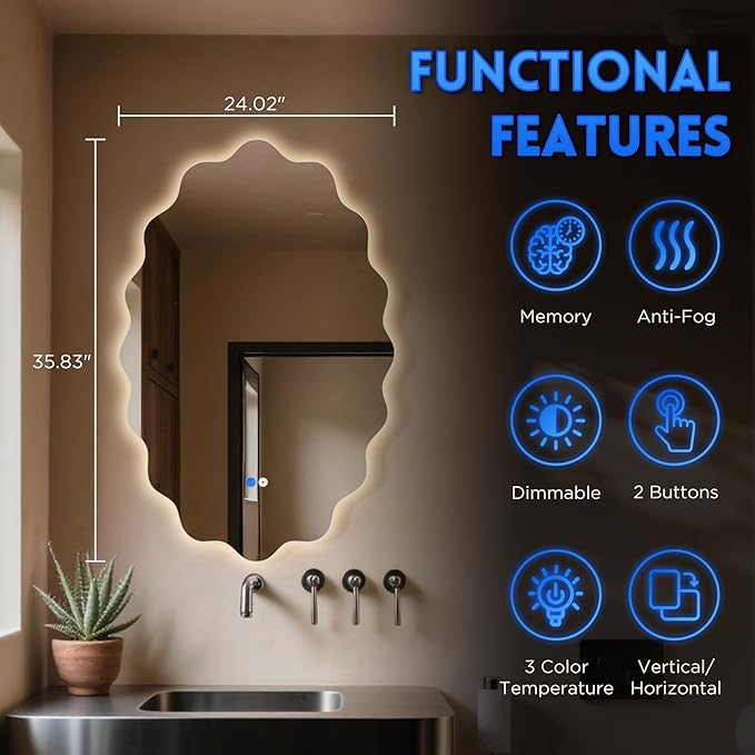 Dorlicecass Oval Wavy Led Bathroom Mirror- Vanity Mirror with Lights IP54 Enhanced Anti-Fog,Single Piece 24"x36" 3 Colors Dimmable, Memory,Tempered Glass,UL Listed