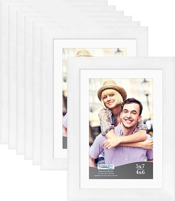 Icona Bay 5x7 Picture Frame Set w/Removable Mat to 4x6 (White, 10 Pack), Simple Modern Design, Table Top Kickstand and Wall Hanging Hooks Included, Impresia Collection