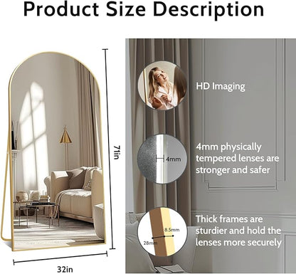 Beauty4U 71" x 32" Arched Full Length Mirror, HD Tempered Glass Floor Mirror with Gold Aluminum Frame, Standing/Leaning/Wall Mounted Mirror for Bedroom, Dressing Room & Living Room