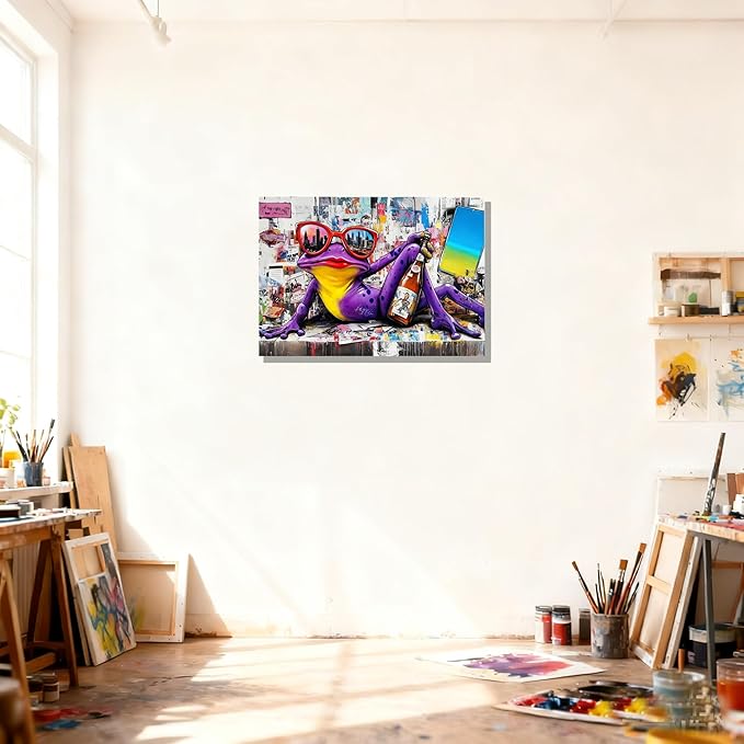 12x16 Urban Graffiti Purple Frog with Sunglasses Wall Art Canvas Painting Gallery Pop Art Street Artwork Decor Teen Little Boys Room Pictures Kids Bedroom Men Office Living room Framed Posters