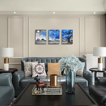 Wall Art For Living Room Black And White Blue Tree Moon Canvas Wall Decor For Home Artwork Huge Painting 20" X 28" 3 Pieces Canvas Print For Bedroom Decor Modern Salon Kitchen Office Hang A Picture