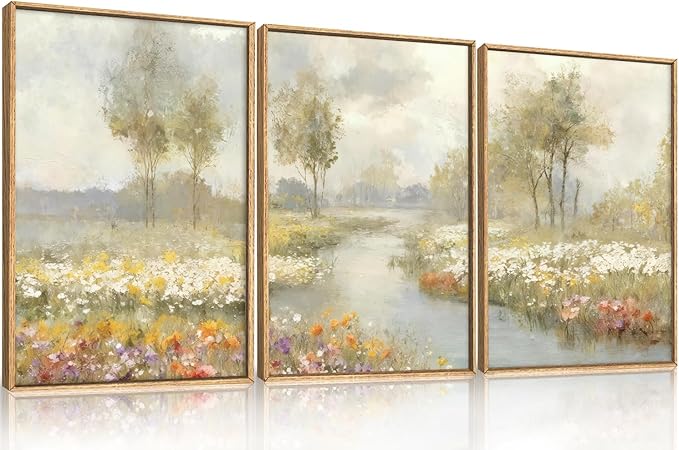 HPNIUB Watercolor Green Landscape Framed Wall Art Set,Nature Wildflowers Wall Decor,Vintage Colorful Floral Art Print,Wilderness Tree Scenery Artwork for Living Room, Bedroom,Office-16''x24''x3