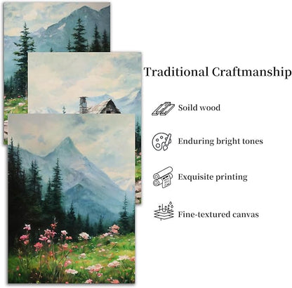 SERIMINO Nature Landscape Canvas Wall Art for Living Room, Forest Mountain Canvas Prints Paintings Room Decor, Cottage Meadow Wildflower Modern Farmhouse Wall Decor Set of 3, 20"X28"