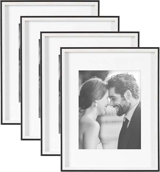 Kate and Laurel Gibson Modern Wall Picture Frame Set of 4; 11x14 matted to 8x10; Black and White; Four-Piece Frame Set for Use as Gallery Wall Frame Set in Living Room Wall Décor