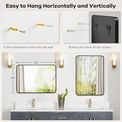 Bathroom Wall Mirror Over Sink - 24x32 Inch Black Matte Framed Mirror for Restroom, Rectangle Matal Frame Black Vanity Mirror for Bathroom, Entryway, Living Room, Fireplace