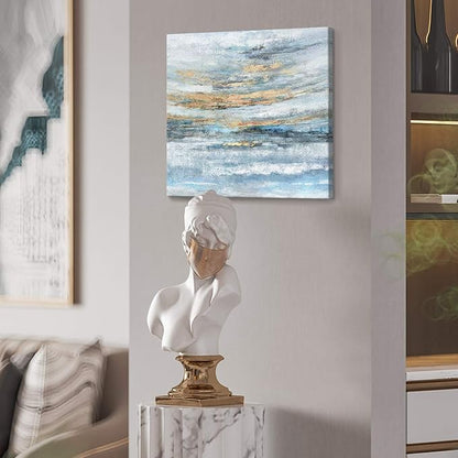 Nicetop Bathroom Wall Art Abstract Canvas Art Print Modern Blue Ocean Picture Small Coastal Sunset & Sunrise Artwork for Sea Lake Themed Home Bedroom Décor 13.3x13.3inch